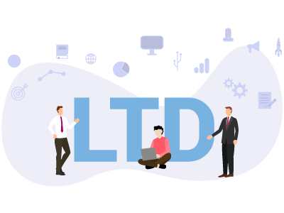 Three men sat and stood next to a big 'LTD' sign with various finance and technology icons floating around them. SAM Conveyancing explains buying property through a limited company