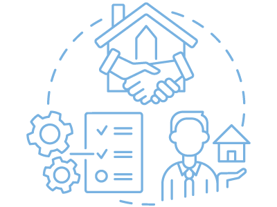 A cycle of a home purchase agreement, someone holding a mini house in their hands, and some documents. SAM Conveyancing runs through buying a home for the first time and the process