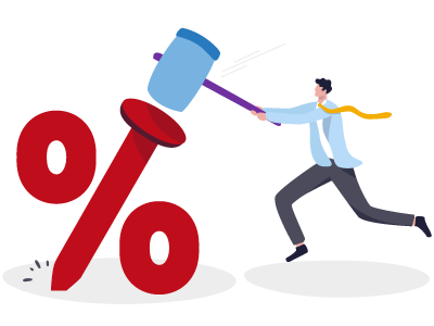 A man holding a huge hammer, bringing it down on a massive percentage sign. SAM Conveyancing answers 'can i remortgage early'?