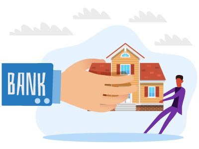 A man struggling to wrestle his house away from a big hand representing a bank seizing property. SAM Conveyancing answers 'can jointly owned property be seized?'