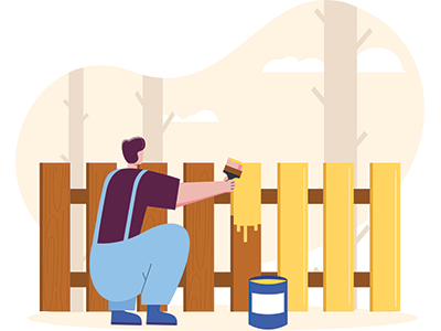 An illustration of a person painting a brown fence yellow | SAM Conveyancing's guide to neighbours making changes to your fence