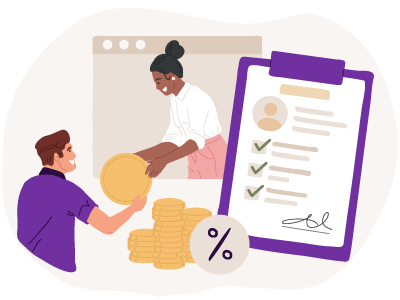 A woman handing a man some coins through a computer screen. SAM Conveyancing addresses how to check if solicitor is on lenders panel