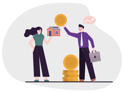 Two co owners, one stood with a model house in her hand and the other inserting a coin into the house. SAM Conveyancing explains co ownership of property and joint ownership of property