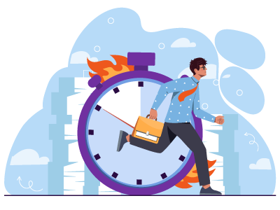 A man running with a briefcase whilst a clock sets on fire behind him. SAM Conveyancing answers the question 'what is a contract race?