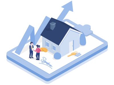 woman and man next to house with arrow pointing across the building