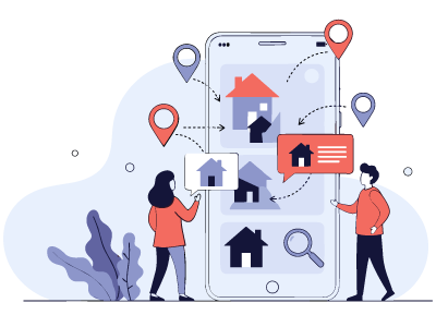 A man and a woman looking at a huge phone screen with multiple properties. SAM Conveyancing explains the process for creating a new leasehold title from splitting a freehold title