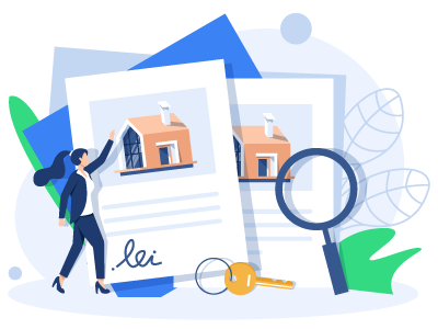 A woman stood next two two Deed of Trust documents with a house pictured on each. A magnifying glass and a massive keychain sit next to them too. SAM Conveyancing answers 'does a declaration of trust affect mortgage?'