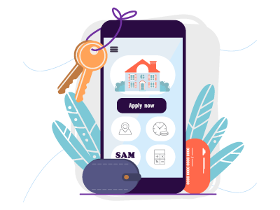 A smartphone with buttons and apps. A wallet, a bank card, and a pair of keys surround the phone. SAM Conveyancing explains what a deed of postponement is