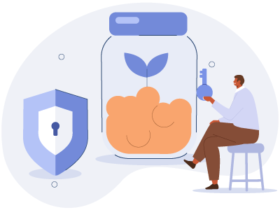 A man sat on a stool holding a key next to a big jar of coins and a locked shield. SAM Conveyancing explains the Deposit Unlock Scheme