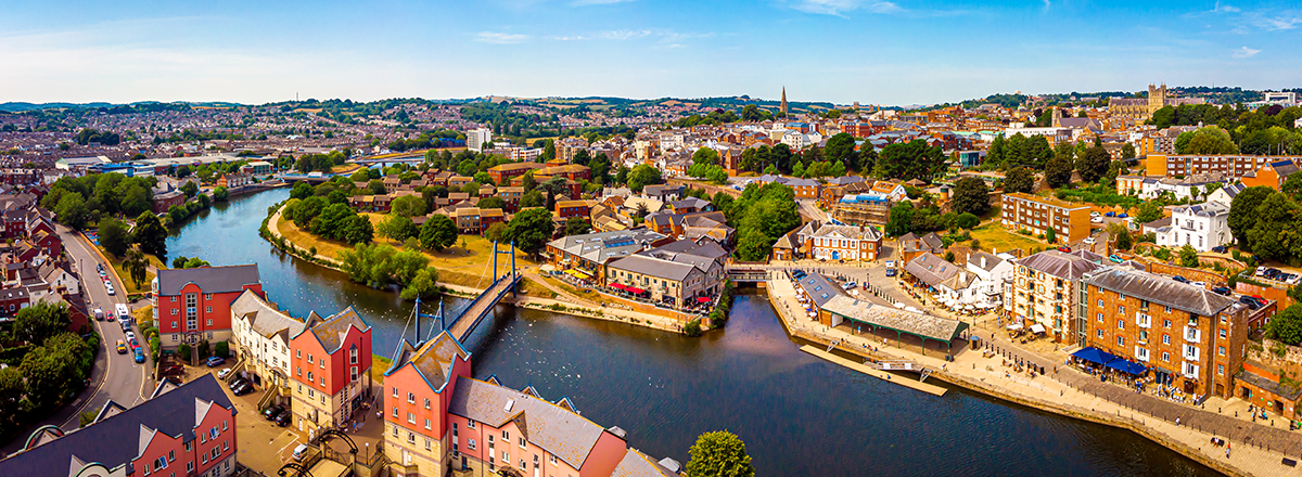 An arial photo of Exeter in Devon, SAM Conveyancing's property market report for the region of Devon