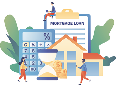 EA house with financial elements like a large calculator, hourglass, gold coins, and a ‘Mortgage Loan’ clipboard. Three first time buyers are interacting with phones and laptops. | SAM Conveyancing’s guide to best mortgage advice for first time buyers