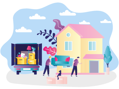 A moving van outside of a new build home with people shuffling furniture into the house. SAM Conveyancing explains the first homes scheme and how it works