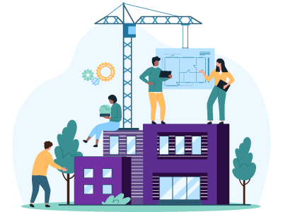 Four people standing and sitting on multiple blocks of flats whilst a crane works in the background. SAM Conveyancing explains if you need a survey on a leasehold flat and how to get one