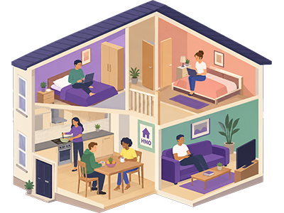 Illustration of a four-bedroom HMO house with tenants in shared living spaces, bedrooms and a communal kitchen | SAM Conveyancing's guide to HMOs