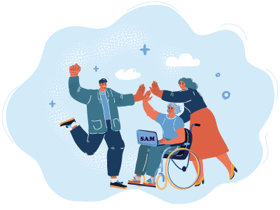 Two women and a man high-fiving. One of the women has a laptop on her whilst sat in a wheelchair. SAM Conveyancing explains what the HOLD Shared Ownership scheme is and how to apply