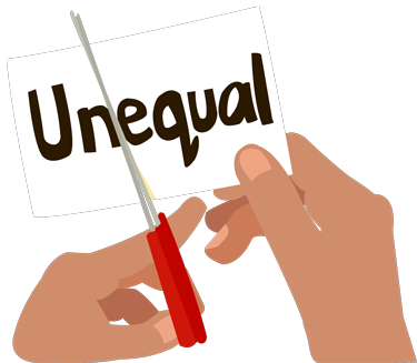 Hands with scissors cutting a piece of paper that says unequal as a sign of an unequal share in property