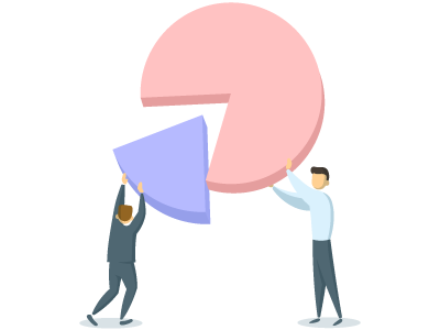 Two people with two bits of a pie chart. SAM Conveyancing explains the Heylo Shared Ownership scheme, how it works, and how to use it