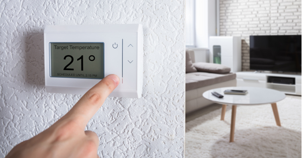 A digital thermostat with a living room in the background. SAM Conveyancing can help you add value to your home with home improvements. Let us assist with estate agents and get you the most value