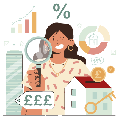Woman holding magnifying glass and analysing housing market stats. Subscribe to SAM Conveyancing's housing market report
