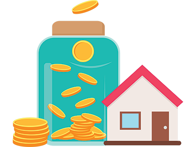 A house next to a jar filled with coins, with additional coins stacked beside it. SAM Conveyancing guide on income needed for buying property.