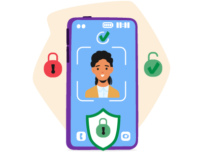 A phone with a portrait-like image of a person displayed and some locks surrounding the device. SAM Conveyancing explains how the ID5 Form works in getting your online identification check