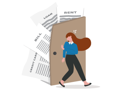 A woman closing a door that is spewing out credit reports and bills. Discover is your spouse's debt will affect you with SAM Conveyancing.