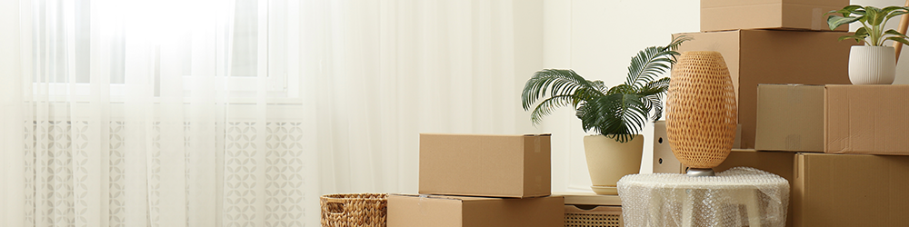 How lease extension on completion works, from SAM Conveyancing. A bare room contains cardboard moving boxes, house plants and bubble wrapped furniture. 
