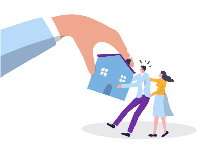 A big arm from the sky pulling away a leasehold property from a couple. SAM Conveyancing explains the leasehold house lease extension process