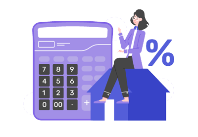 Mortgage calculator with a woman and a house and a calculator