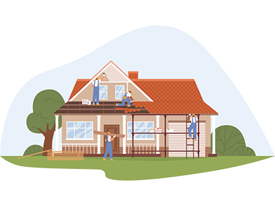 Illustration of construction workers building and painting a house roof and exterior | SAM Conveyancing's guide to the conveyancing process for a new build 