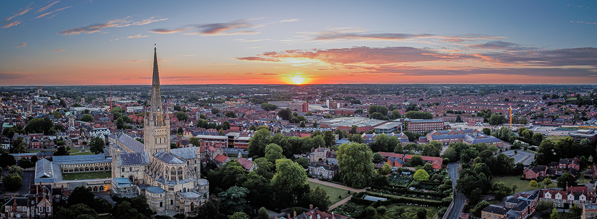Panoramic view of Norwich City and Cathedral during sunset on a summer evening