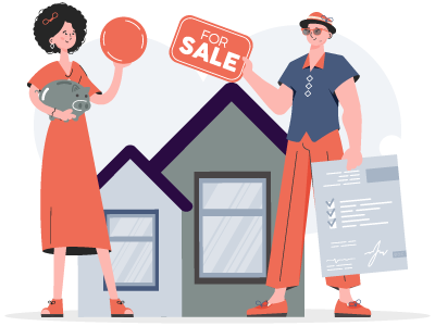 A man and a woman exchanging money and contracts for a house sale. SAM Conveyancing answers 'can you make an offer on a house without selling yours?'