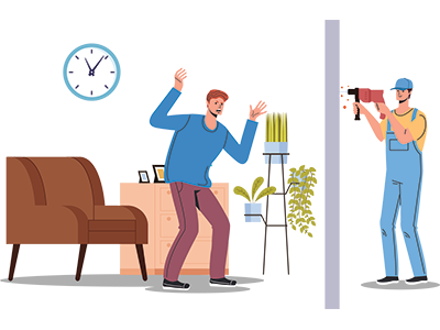 Illustration of a stressed homeowner reacting to a neighbor drilling into a shared party wall |A SAM Conveyancing's guide to Party Wall Agreements