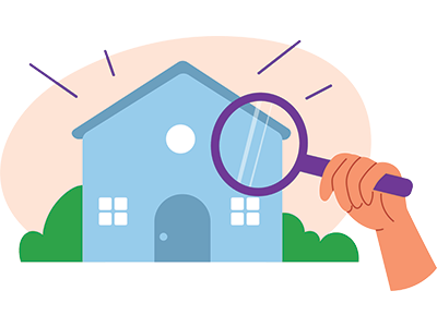 A magnifying glass inspecting a house, to represent Property Searches from SAM Conveyancing