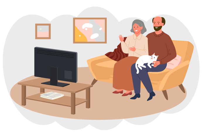 A retired couple sitting on a sofa with their cat, watching TV. SAM Conveyancing can help you remove a charge from your property at the Land Registry