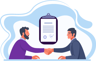 Two men shaking hands across a table whilst a Section 45 Counter Notice floats in-between them. SAM Conveyancing explains the Section 45 Counter Notice for Lease Extensions