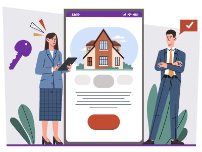Two people in smart wear stood next to a large tablet with a house displayed on screen. SAM Conveyancing explains how to sell your house without an estate agent