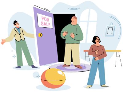 Three people stood inside a house that's for sale. SAM Conveyancing runs through what you need to do to sell your house