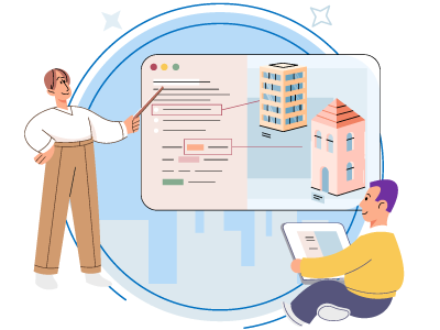 A person sat down with a tablet in their hands being taught by someone stood up and pointing to a bigger screen on the wall. SAM Conveyancing tells you how to sell a house in a slow market