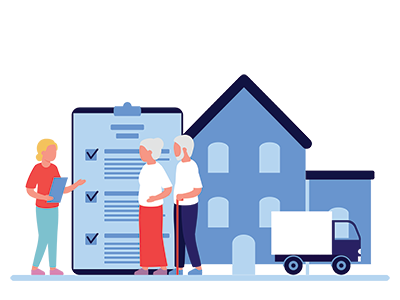 An elderly couple stood outside their home reviewing paperwork with an advisor | SAM Conveyancing's guide to selling a parent’s house to fund later-life care 