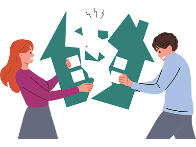 Illustration of a woman and a man pulling a green house shape apart | Sam Conveyancing's guide to property transactions after divorce