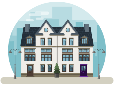 Two Semi Detached Houses with lamp posts at the front and a skyline of buildings in the background. SAM Conveyancing answers 'What is a semi-detached house?'
