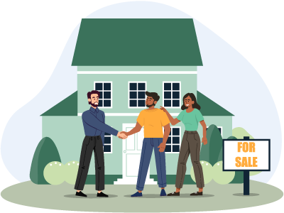 A couple shaking hands with their estate agent finalising the sale and purchase of their new house. SAM Conveyancing answers 'Should I buy a house with my partner?'