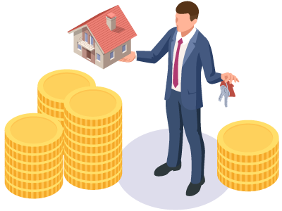 A seller holding a house in one hand and a set of keys in the other with coins stacked around them. SAM Conveyancing explains who pays solicitor fees when a buyer pulls out