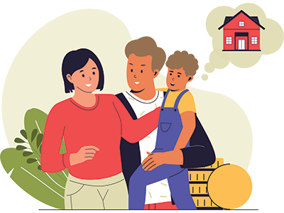 Illustration of a couple with a child, coins beside them, and a thought bubble showing they are saving up for solicitor's fees to buy a home | SAM Conveyancing's guide to solicitor fees for buying a house
