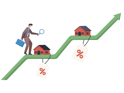 A man on a staircase arrow with percentages for shared ownership