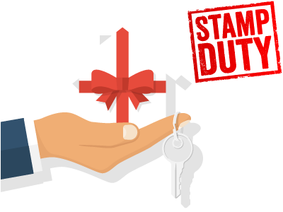 A hand outstretched holding a gifted property and a key hanging off the edge. The words 'Stamp Duty' is stamped in the top right of the image. SAM Conveyancing explains what the stamp duty is on a gifted property