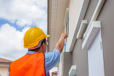 A surveyor assessing the external walls and looking at damp treatment. SAM Conveyancing can provide you with a penetrating damp survey to help wind driven rain damage on outer walls or interior walls