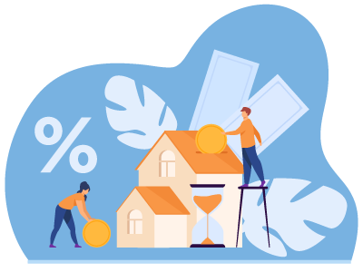 A man and a woman putting coins into their home whilst a percentage sign and a timer sit near them. SAM Conveyancing explains the definition of tenants in common