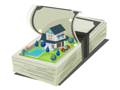 A cartoon house revealed in a stack of money. SAM Conveyancing helps with how to transfer property to the beneficiary after the sole owner has died